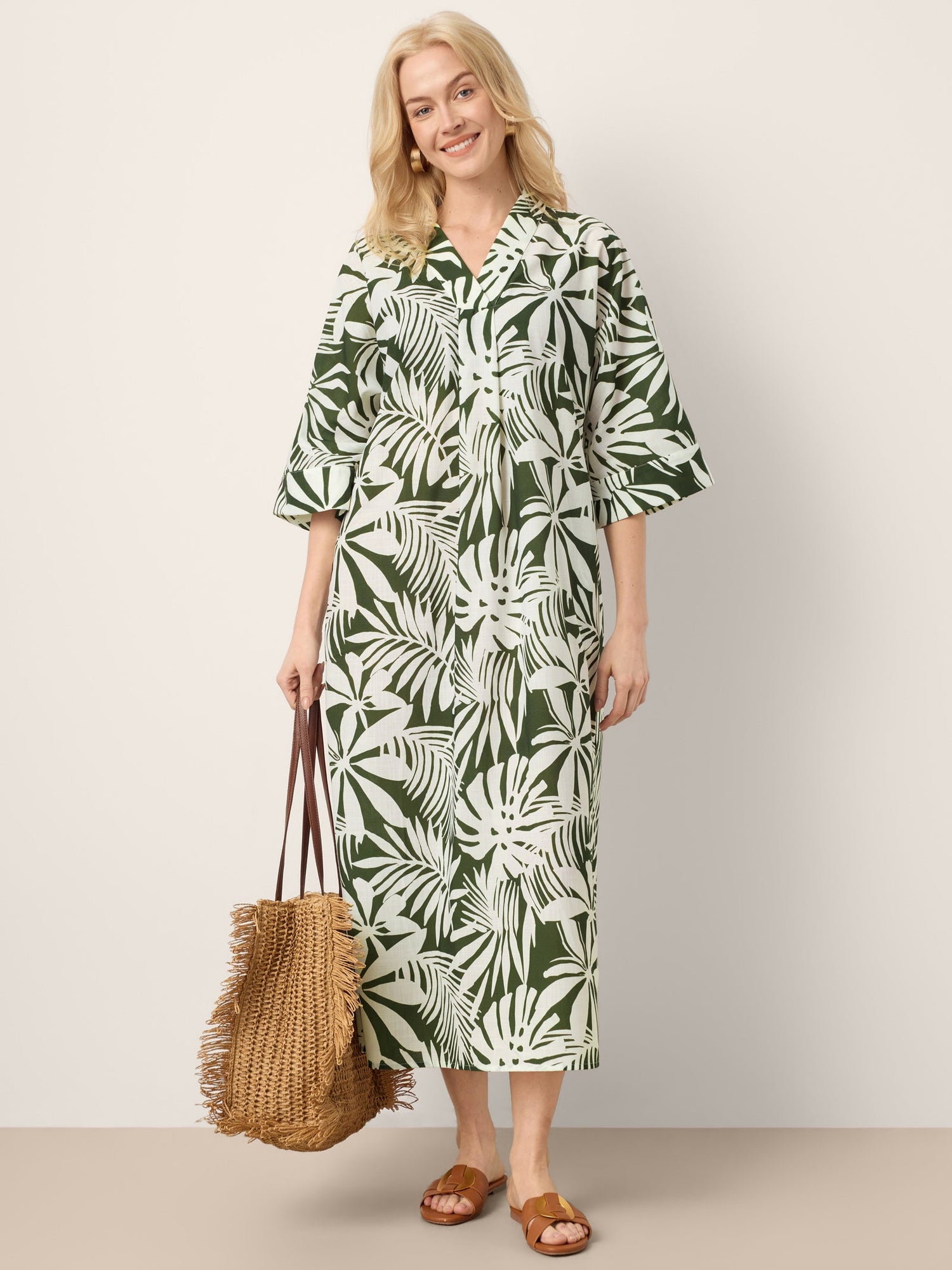 Linen Palm Print Camp Collar Relaxed Maxi Shirt Dress MINERVA by LINTICO