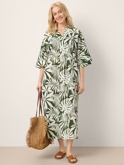 Linen Palm Print Camp Collar Relaxed Maxi Shirt Dress MINERVA by LINTICO