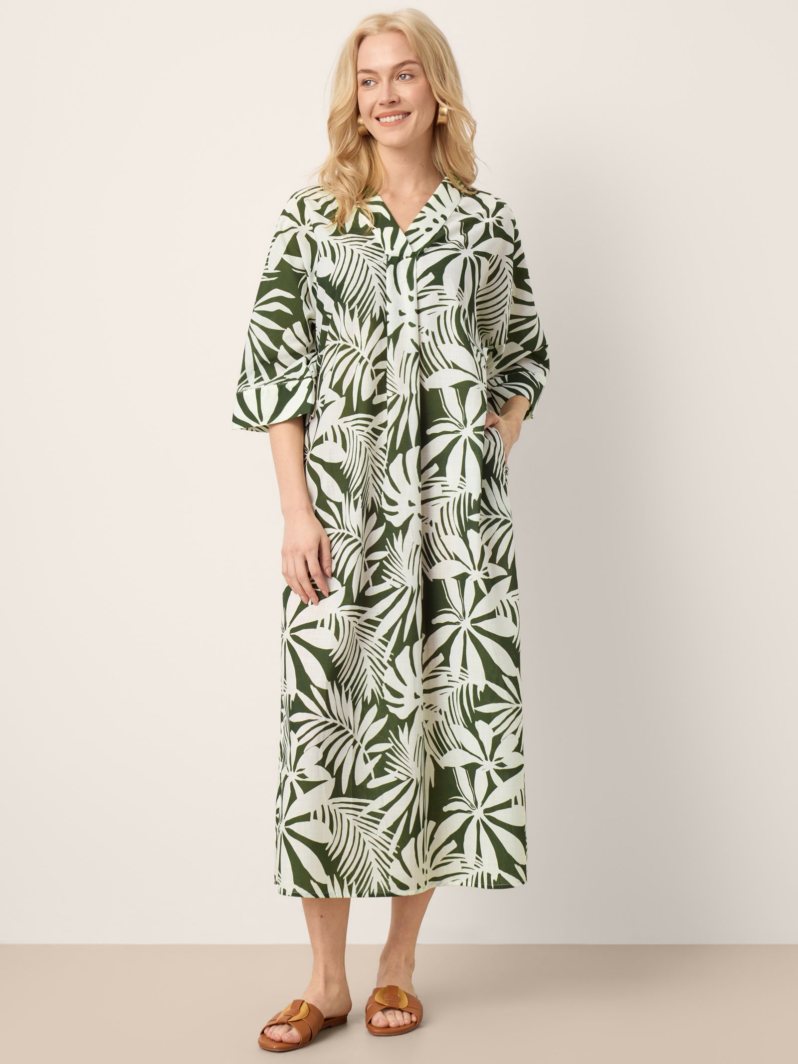 Linen Palm Print Camp Collar Relaxed Maxi Shirt Dress MINERVA by LINTICO