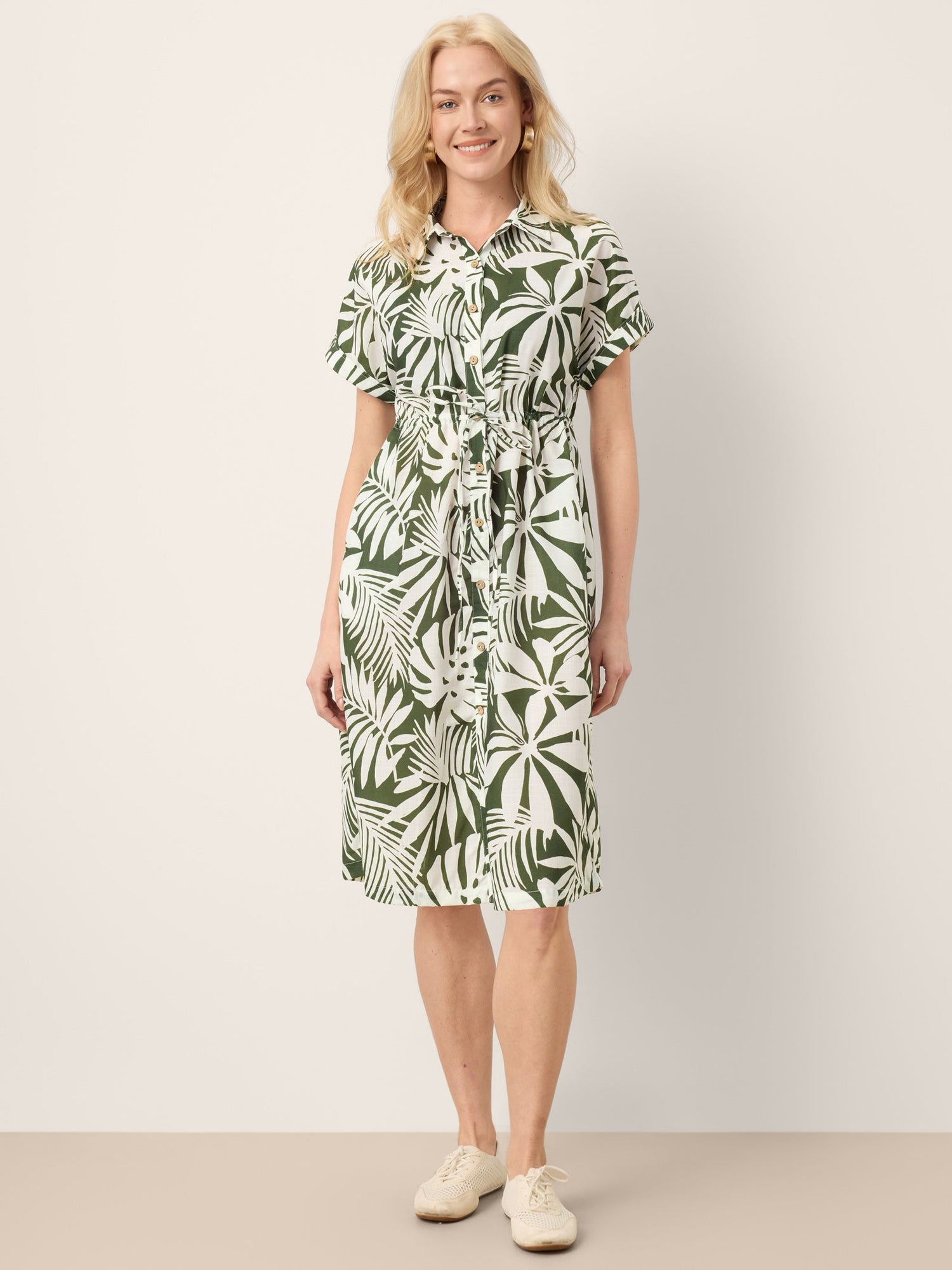Linen Palm Print Drawstring Waist Cuffed Sleeve Midi Shirt Dress AURELIA by LINTICO