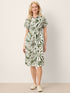 Linen Palm Print Drawstring Waist Cuffed Sleeve Midi Shirt Dress AURELIA by LINTICO