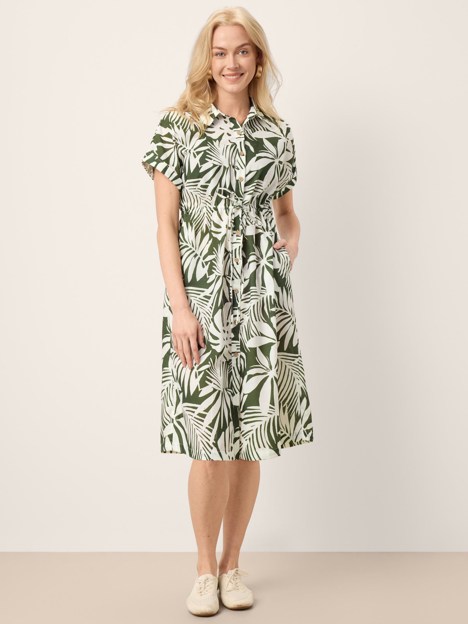 Linen Palm Print Drawstring Waist Cuffed Sleeve Midi Shirt Dress AURELIA by LINTICO
