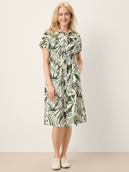 Linen Palm Print Drawstring Waist Cuffed Sleeve Midi Shirt Dress AURELIA by LINTICO