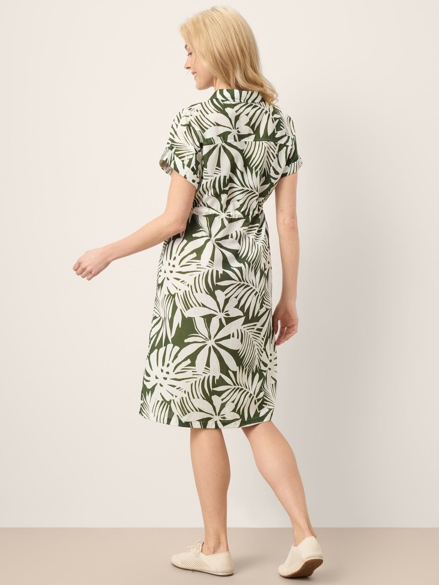 Linen Palm Print Drawstring Waist Cuffed Sleeve Midi Shirt Dress AURELIA by LINTICO