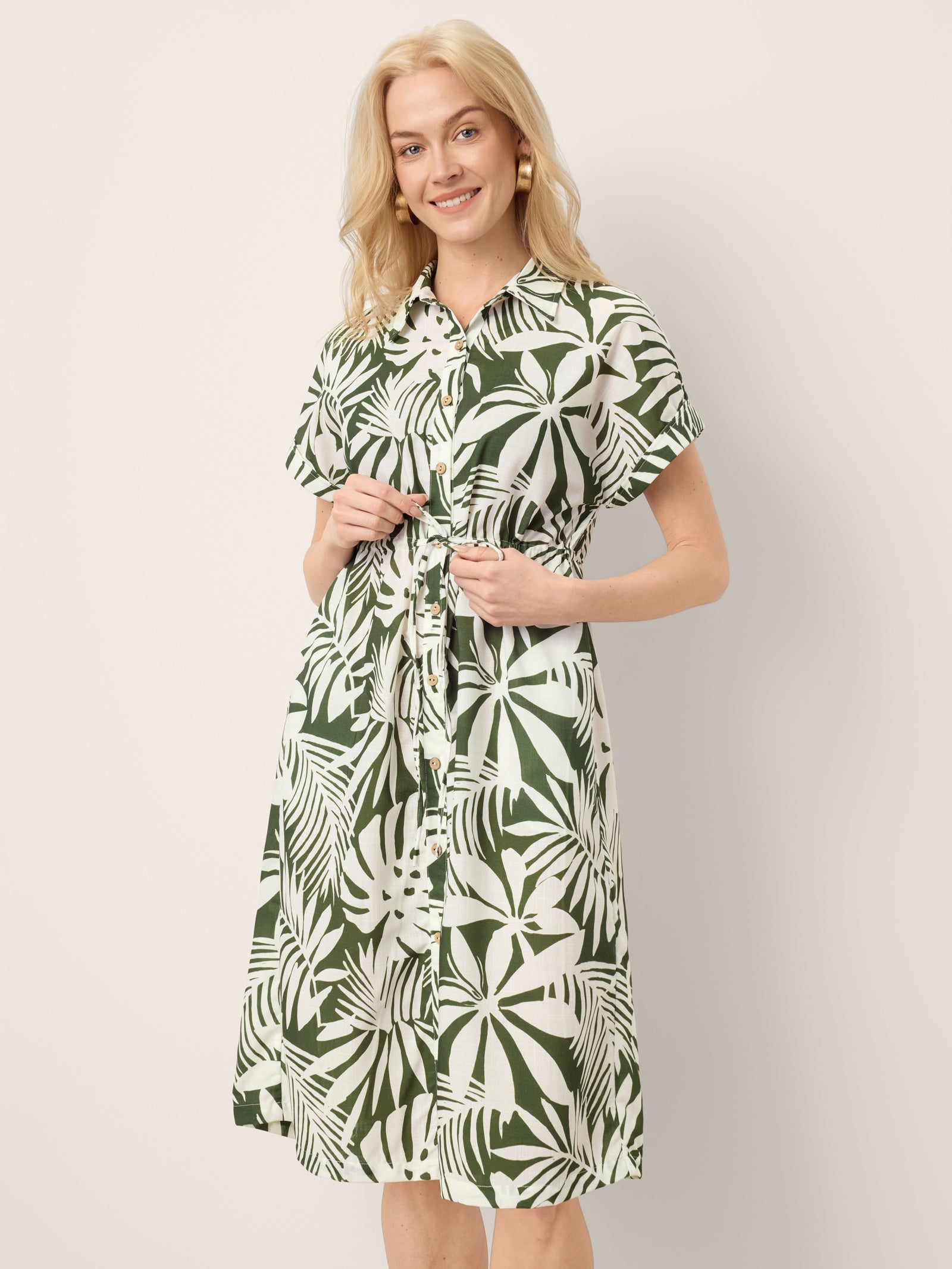 Linen Palm Print Drawstring Waist Cuffed Sleeve Midi Shirt Dress AURELIA by LINTICO
