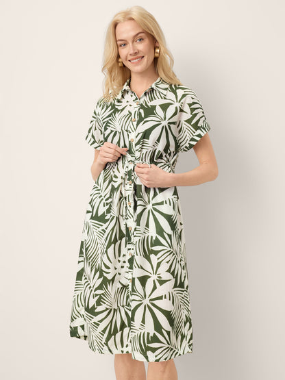 Linen Palm Print Drawstring Waist Cuffed Sleeve Midi Shirt Dress AURELIA by LINTICO