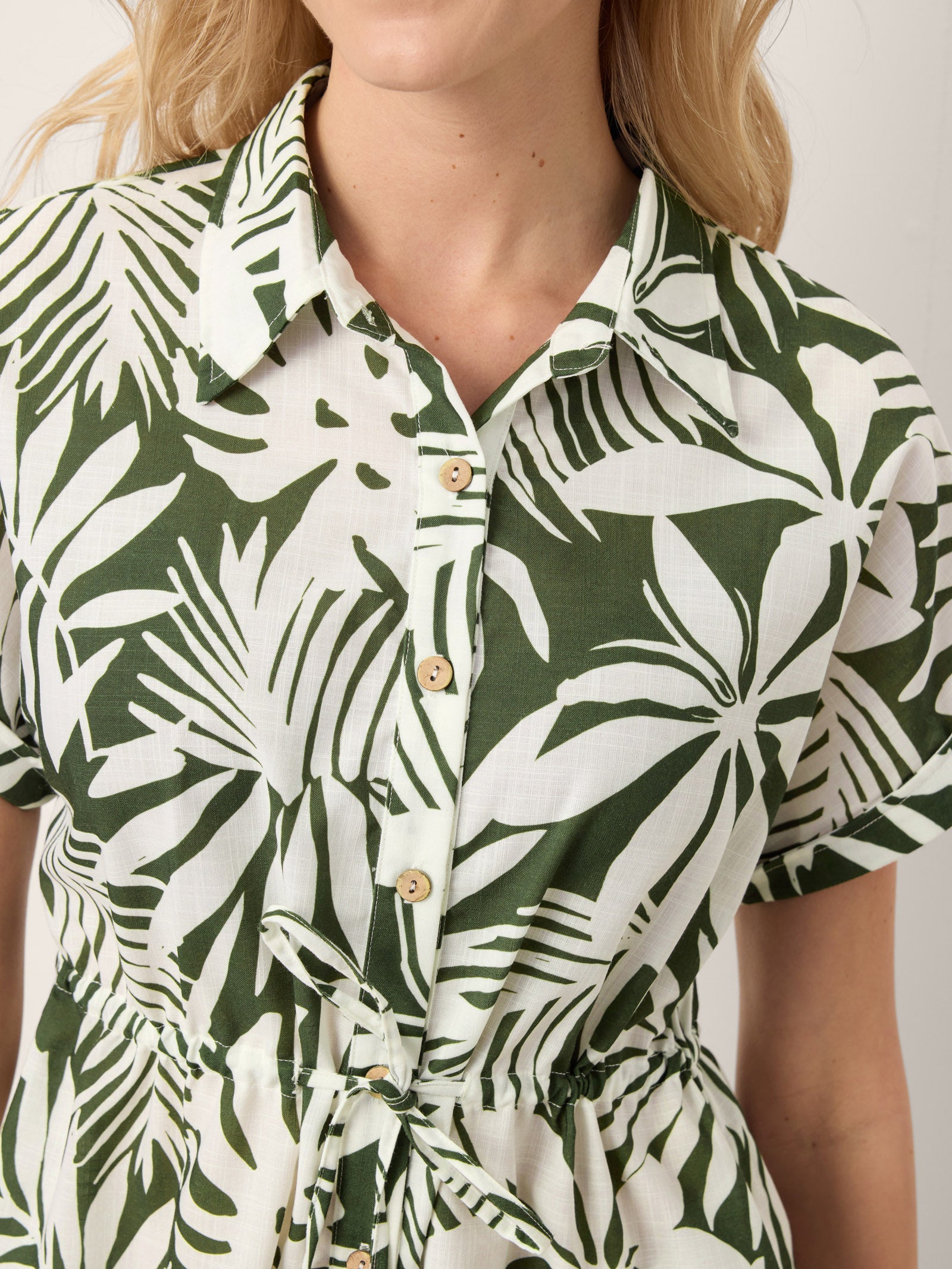 Linen Palm Print Drawstring Waist Cuffed Sleeve Midi Shirt Dress AURELIA by LINTICO