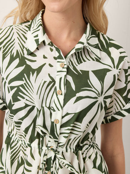 Linen Palm Print Drawstring Waist Cuffed Sleeve Midi Shirt Dress AURELIA by LINTICO