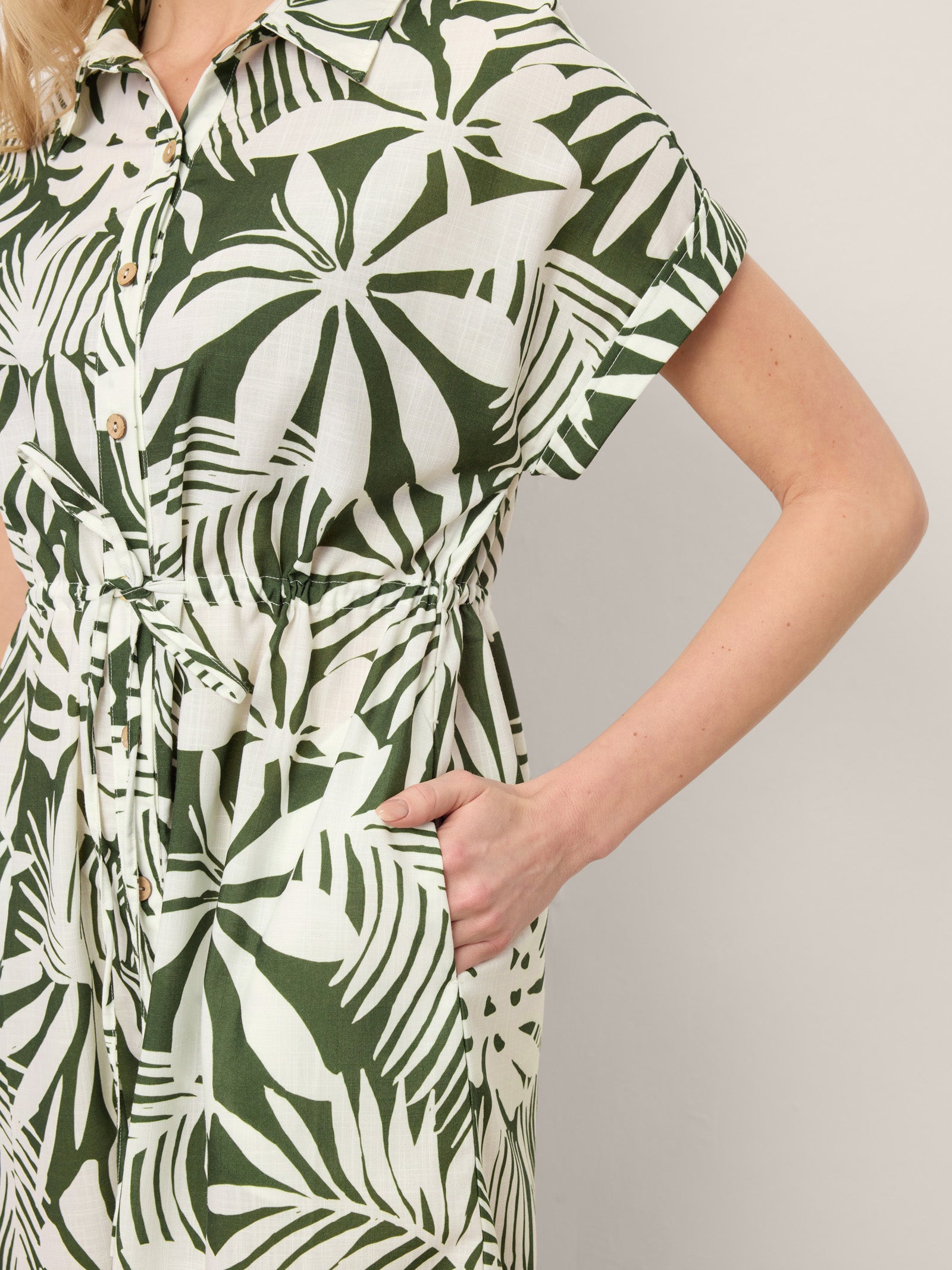 Linen Palm Print Drawstring Waist Cuffed Sleeve Midi Shirt Dress AURELIA by LINTICO