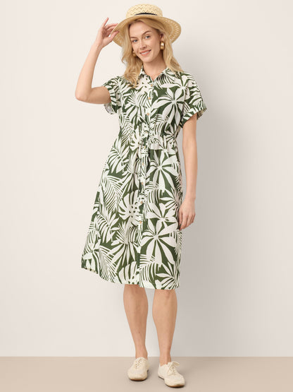 Linen Palm Print Drawstring Waist Cuffed Sleeve Midi Shirt Dress AURELIA by LINTICO