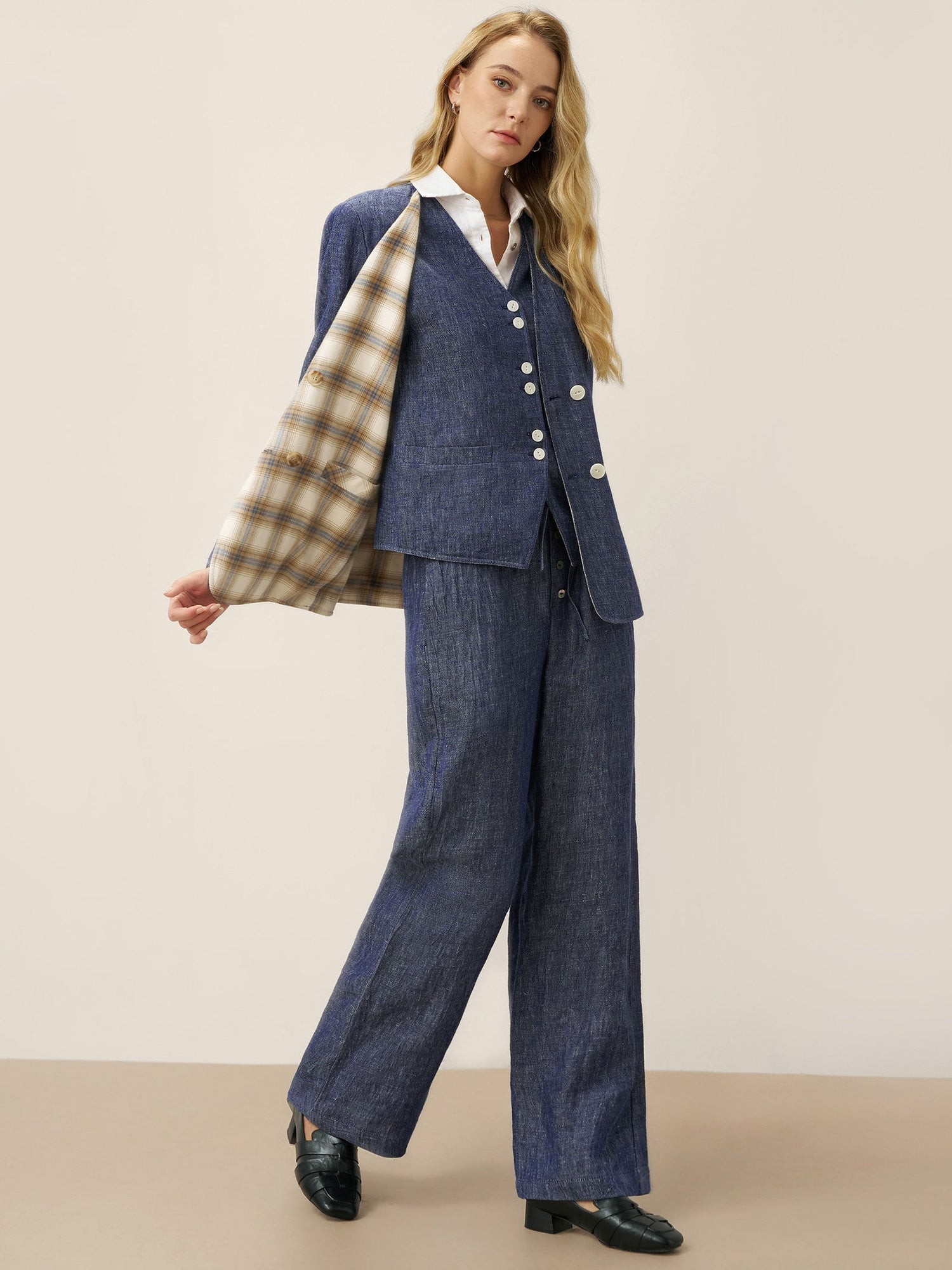 Linen Reversible Denim Texture V-Neck Jacket ELLIE  DestGlow