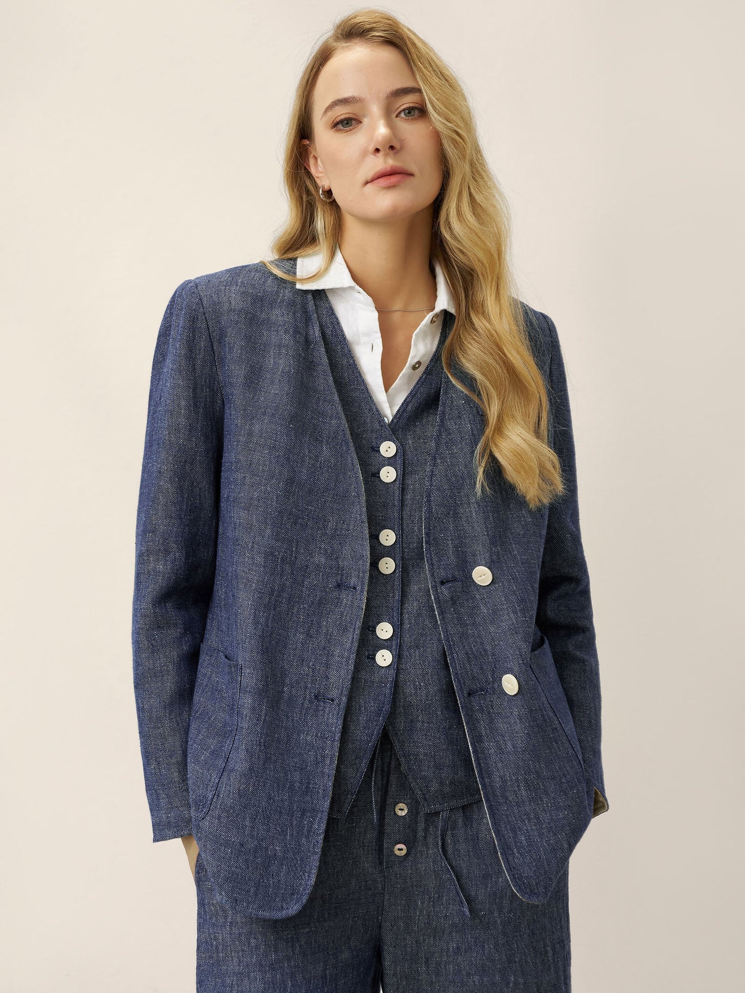 Linen Reversible Denim Texture V-Neck Jacket ELLIE  DestGlow