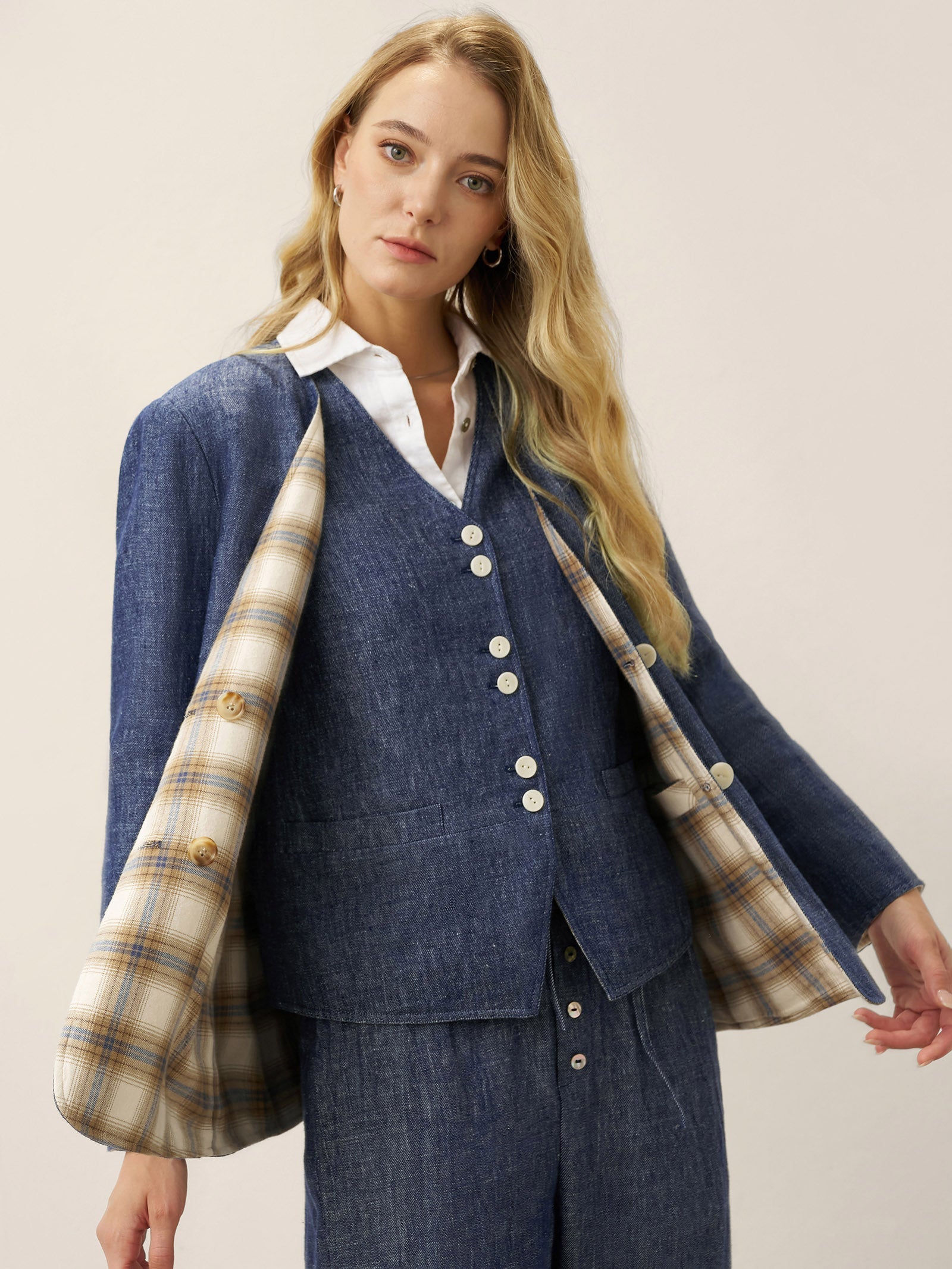 Linen Reversible Denim Texture V-Neck Jacket ELLIE  DestGlow