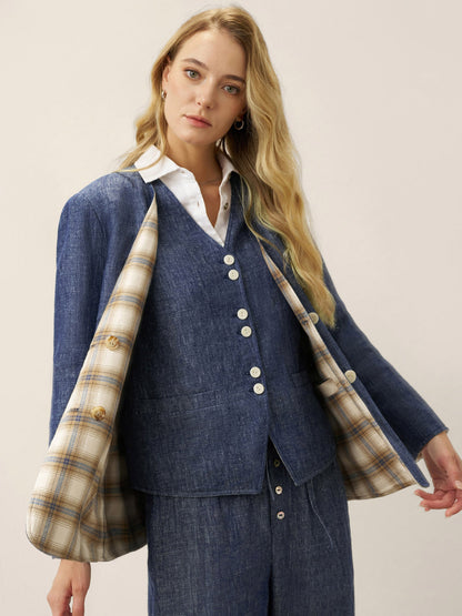 Linen Reversible Denim Texture V-Neck Jacket ELLIE  DestGlow