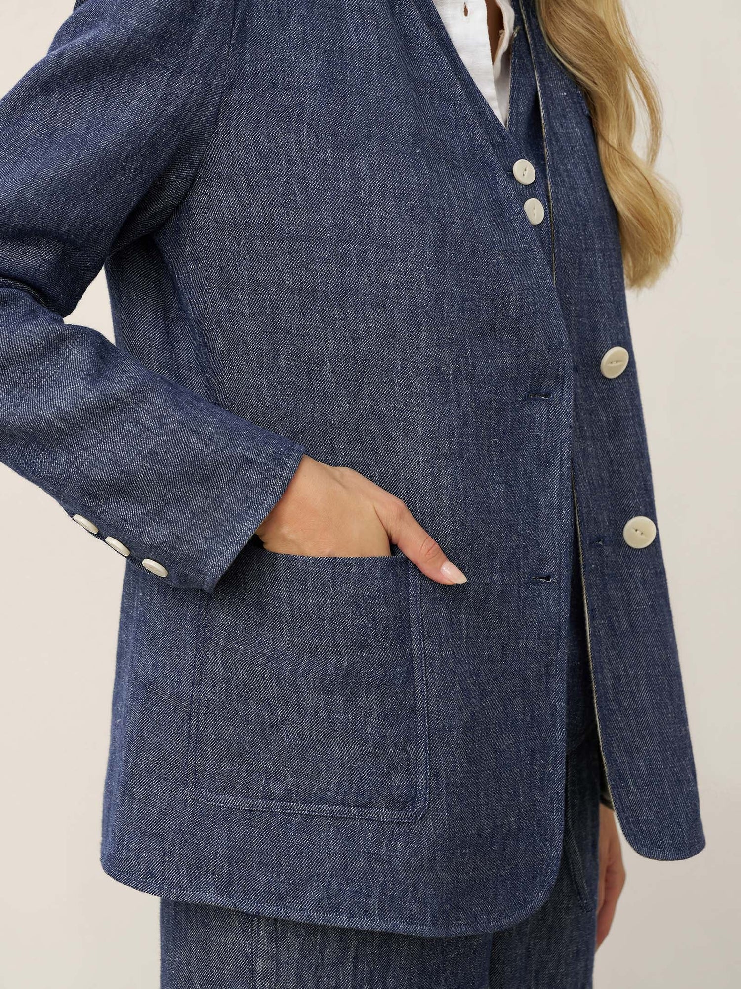 Linen Reversible Denim Texture V-Neck Jacket ELLIE  DestGlow