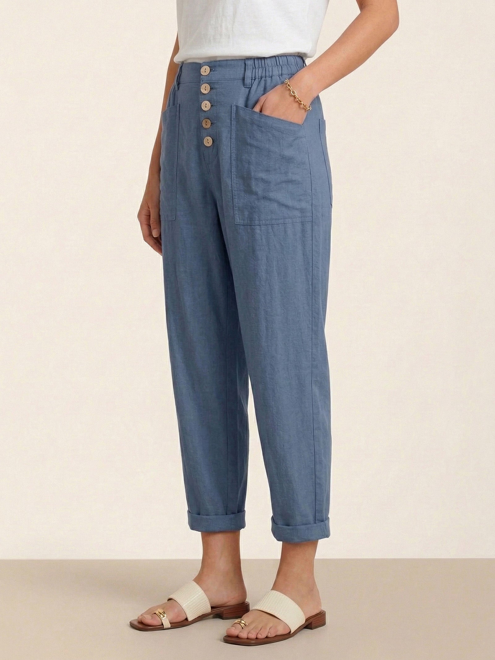 Linen Simple Button Fly Trousers HEIDI by LINTICO