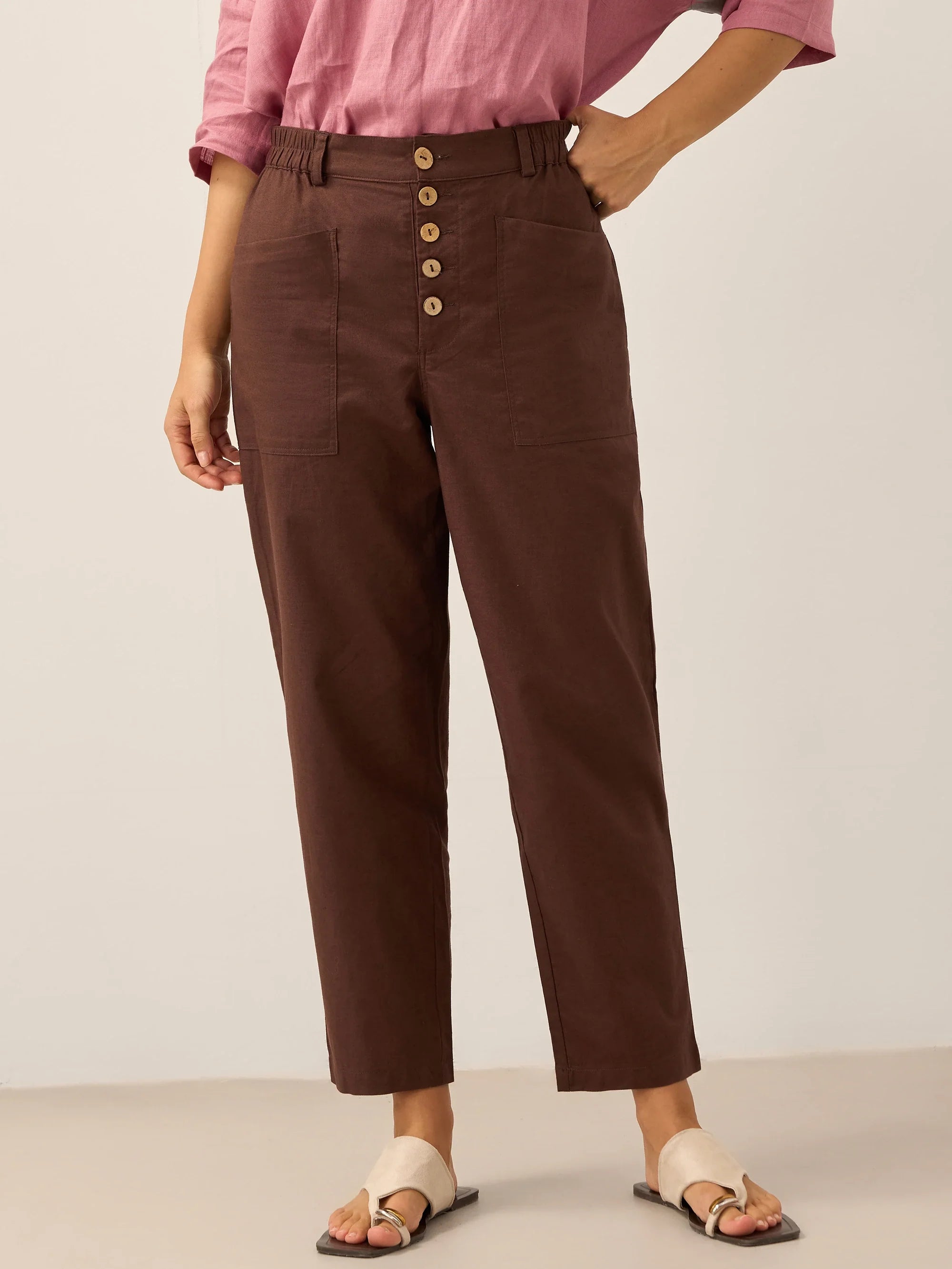 Linen Simple Button Fly Trousers HEIDI by LINTICO