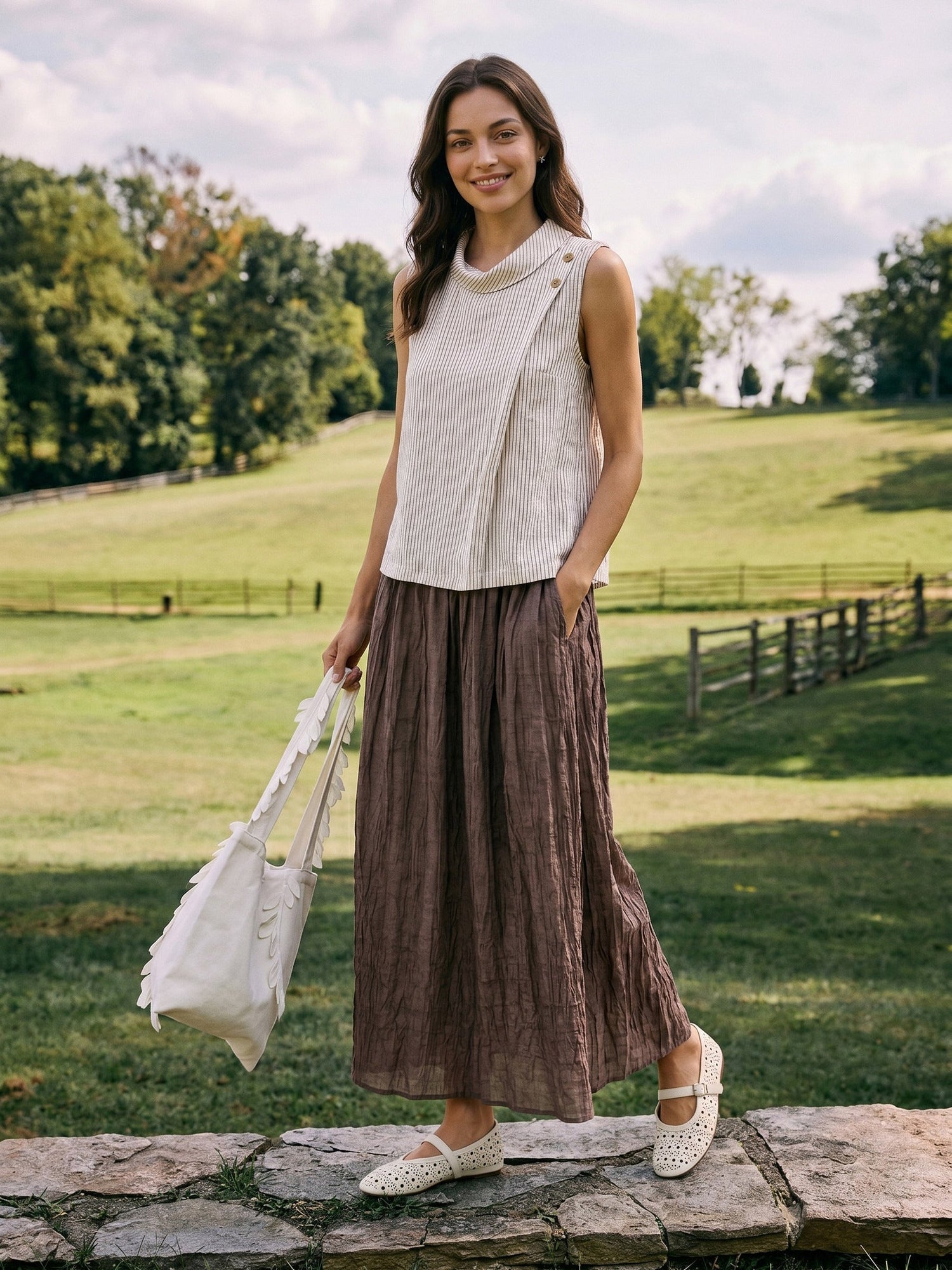 Lyocell Textured Pleated Waist Skirt ROSAMUND by LINTICO