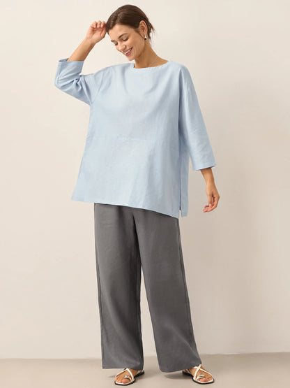 Linen White Boat Neck Oversized Top AVA by LINTICO