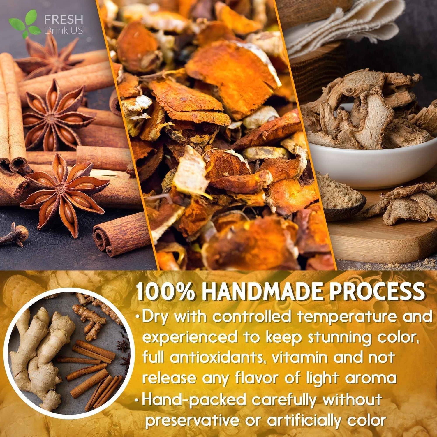 Turmeric Ginger, Cinnamon Tea, Tea Bags, 100% Natural, Hand-made, No Sugar, No Caffeine, No Gluten, Vegan