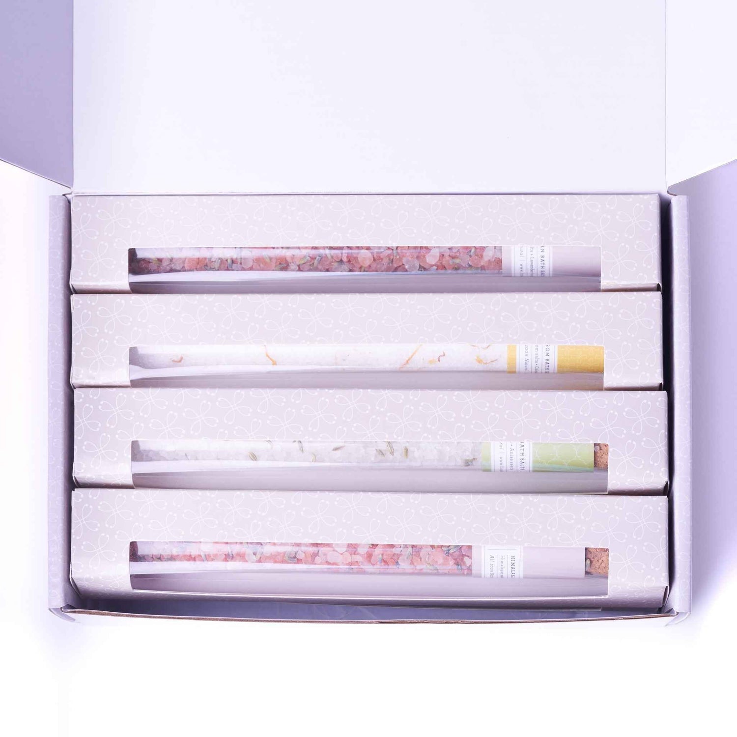 Natural Bath Salts Gift set in 8 Glass Tubes, Luxurious Bath Experience