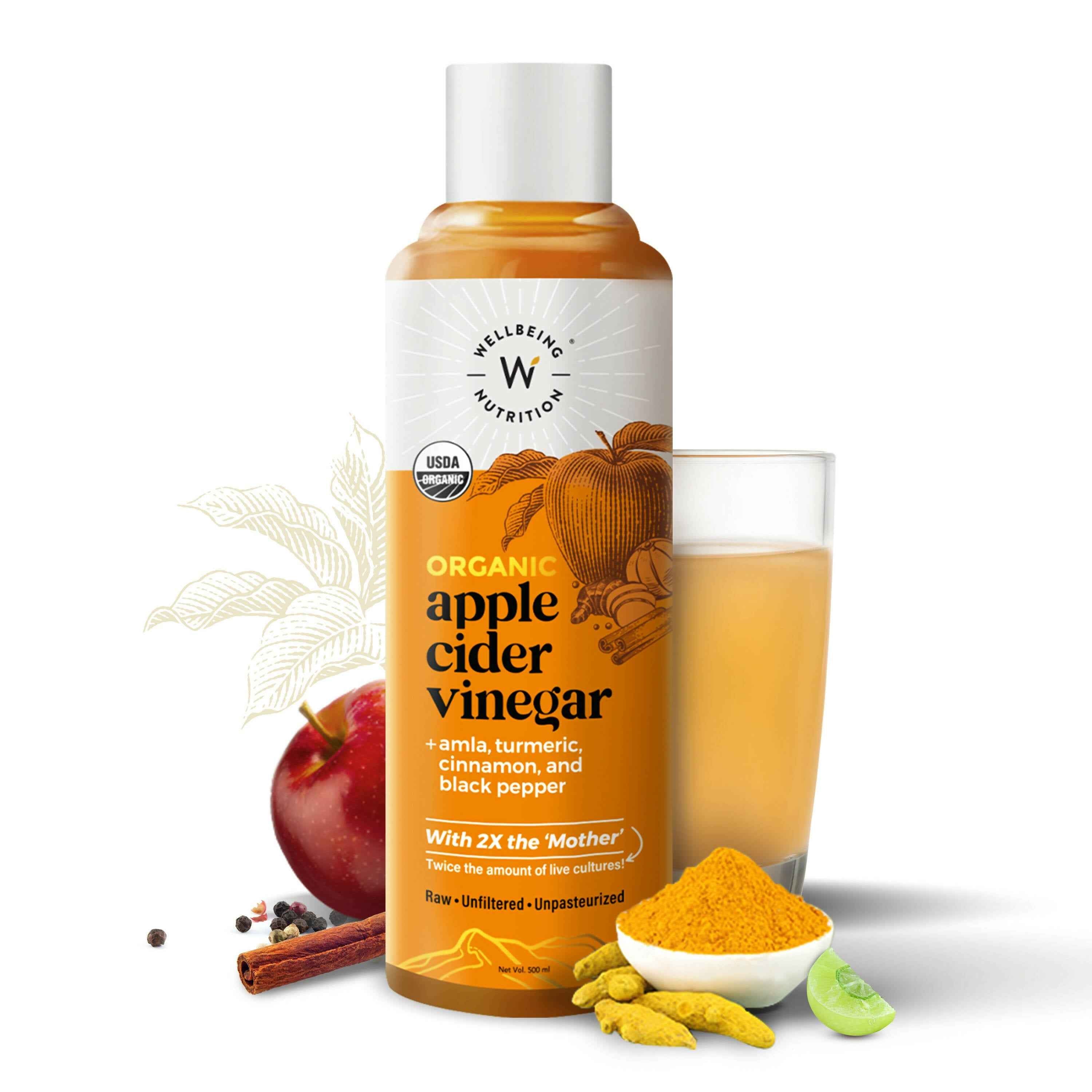 Wellbeing Nutrition Organic Apple Cider Vinegar with 2X Mother - Amla, Turmeric, Cinnamon, and Black Pepper