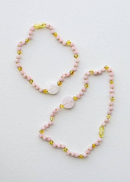 Rose Quartz + Honey Baltic Sea Amber || Rose Quartz Stone Necklace 