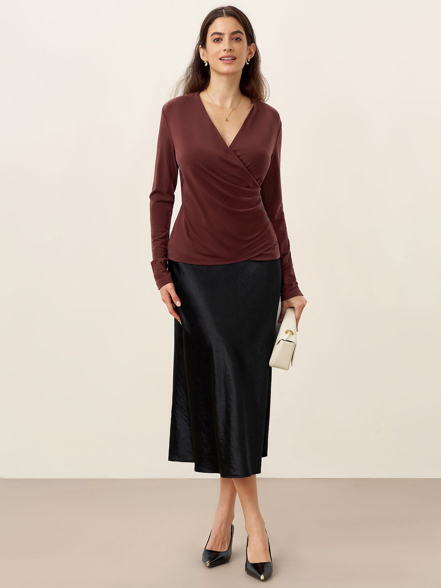 Wool Lyocell Asymmetric Ruched Overlap V-Neck Top TILLY by LINTICO