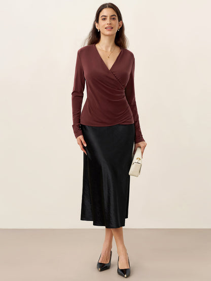 Wool Lyocell Asymmetric Ruched Overlap V-Neck Top TILLY by LINTICO