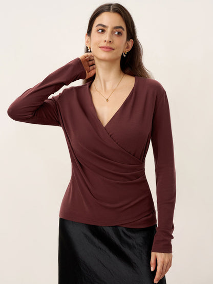Wool Lyocell Asymmetric Ruched Overlap V-Neck Top TILLY by LINTICO