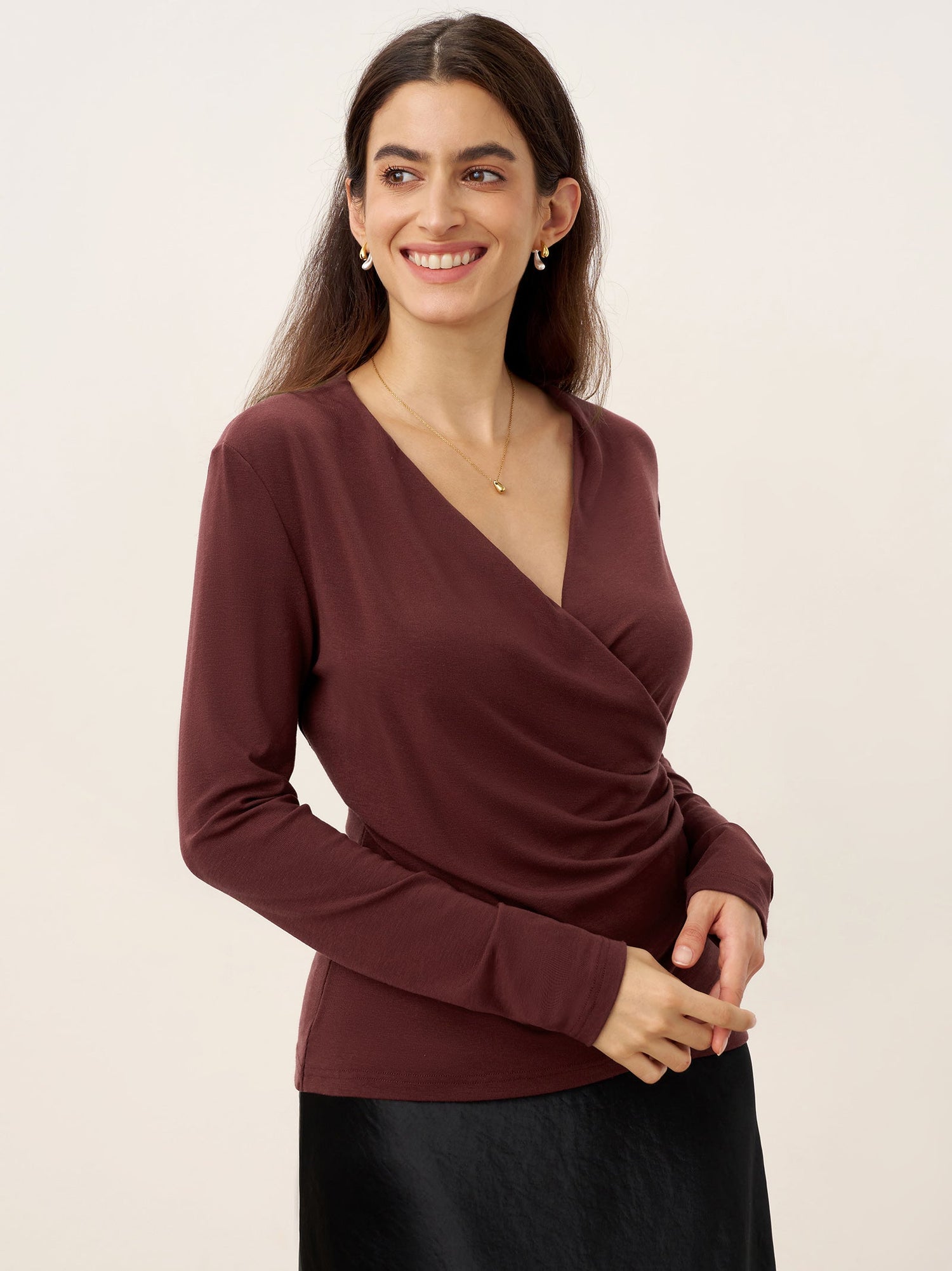 Wool Lyocell Asymmetric Ruched Overlap V-Neck Top TILLY by LINTICO