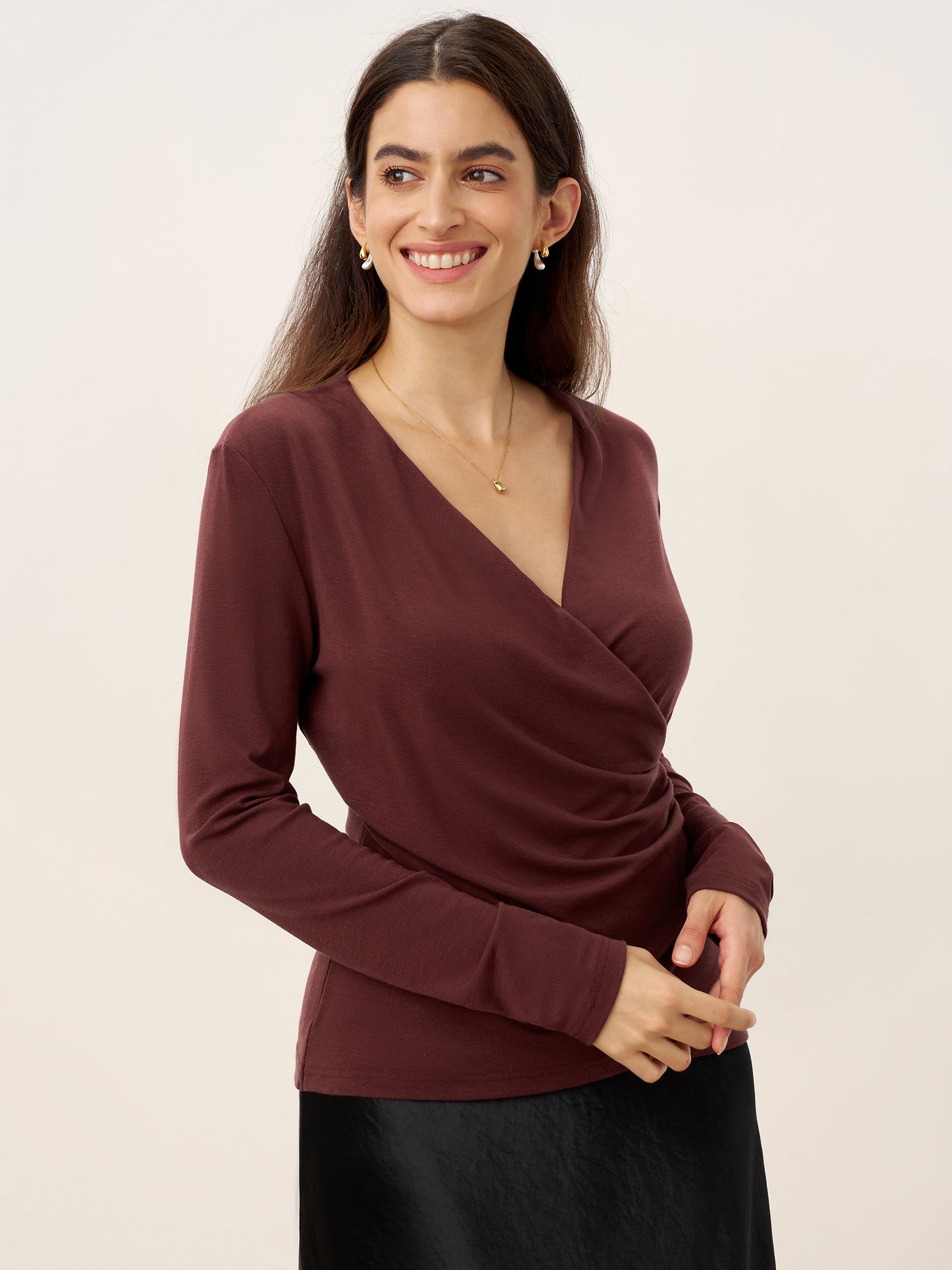 Wool Lyocell Asymmetric Ruched Overlap V-Neck Top TILLY by LINTICO