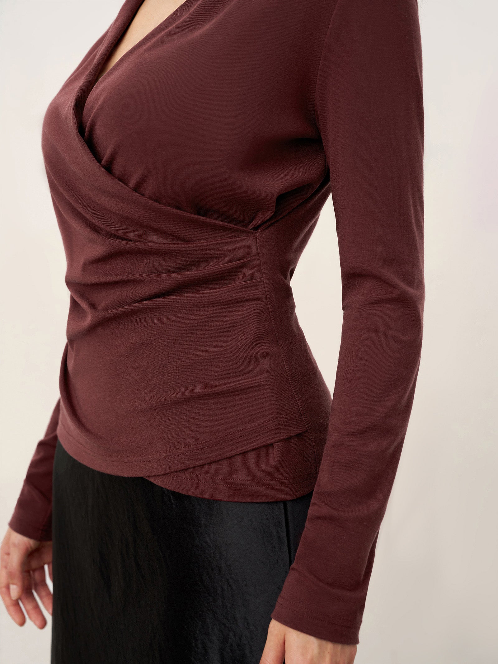 Wool Lyocell Asymmetric Ruched Overlap V-Neck Top TILLY by LINTICO