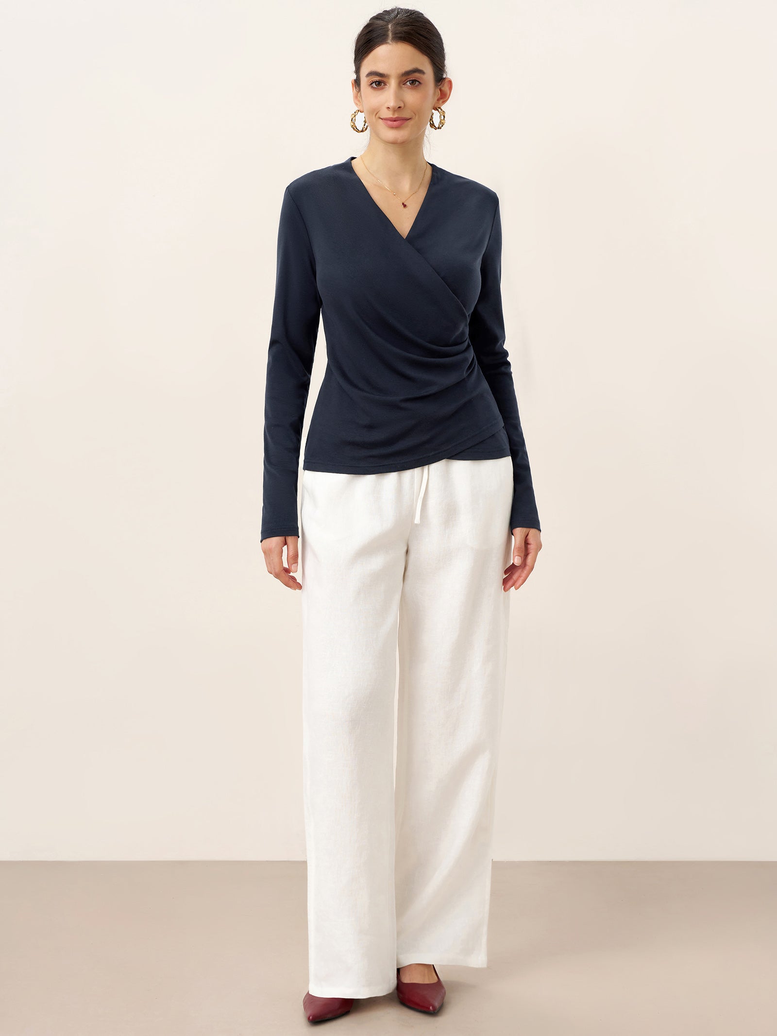 Wool Lyocell Asymmetric Ruched Overlap V-Neck Top TILLY by LINTICO