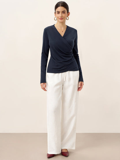Wool Lyocell Asymmetric Ruched Overlap V-Neck Top TILLY by LINTICO