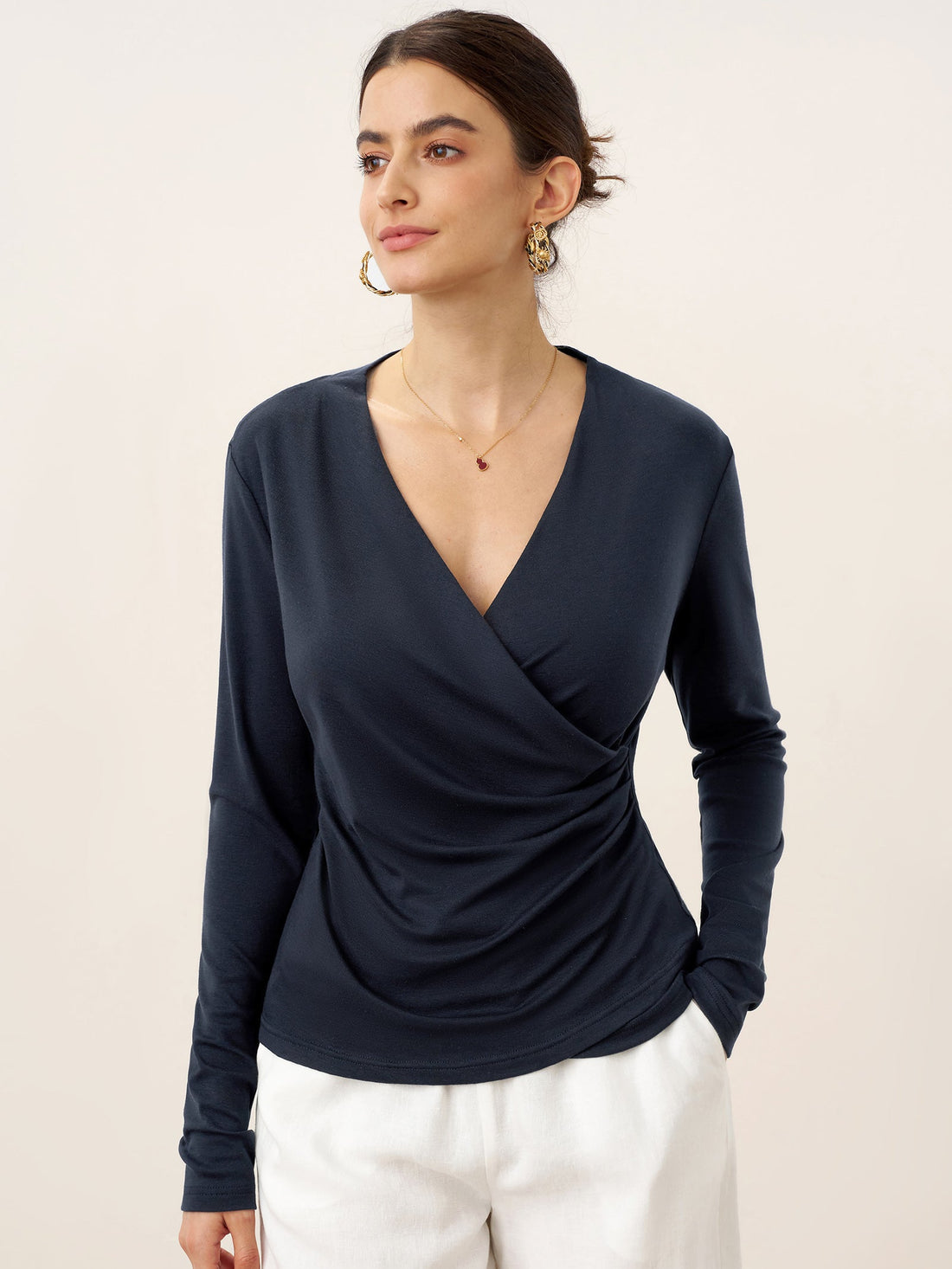 Wool Lyocell Asymmetric Ruched Overlap V-Neck Top TILLY by LINTICO