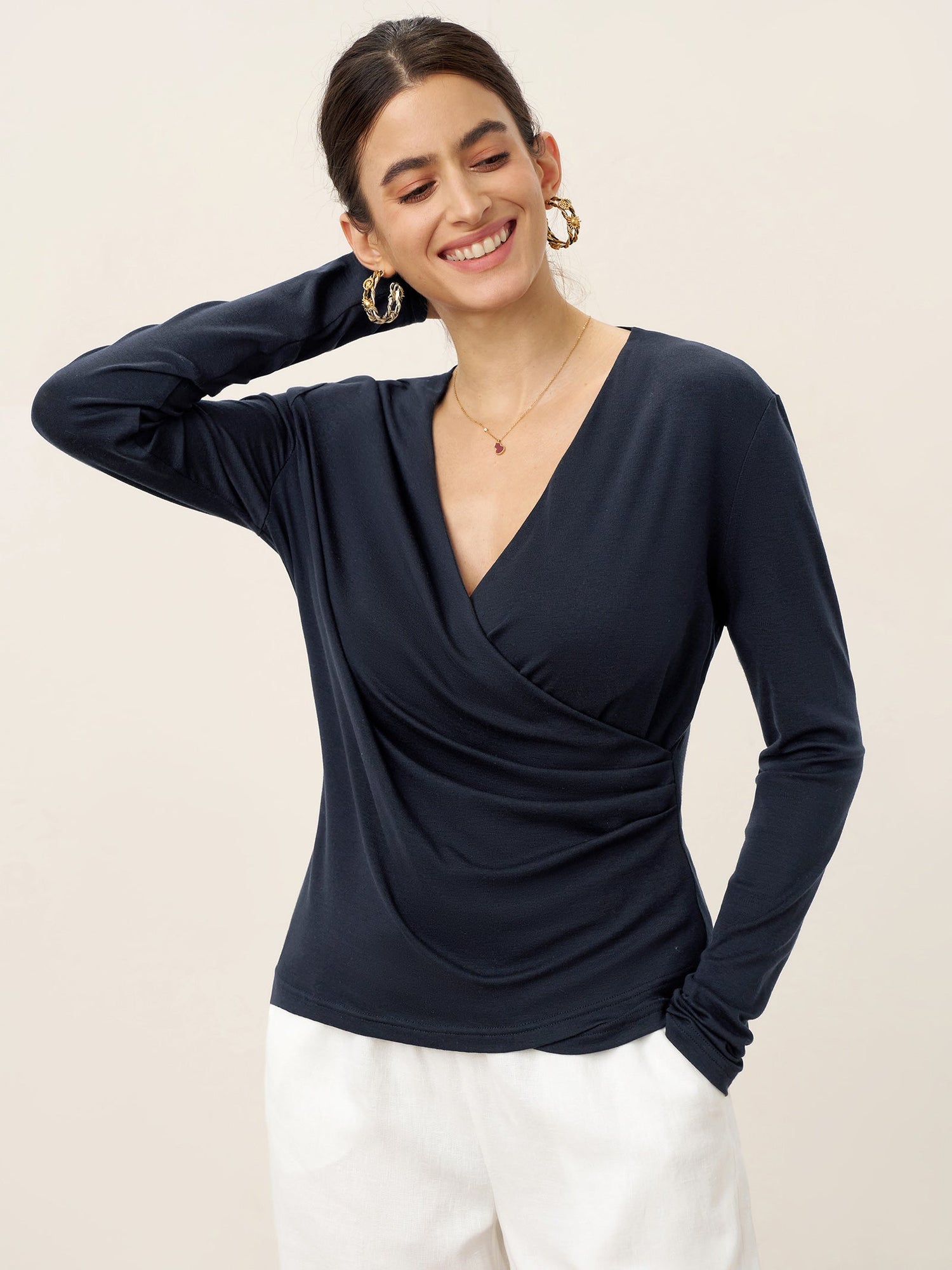 Wool Lyocell Asymmetric Ruched Overlap V-Neck Top TILLY by LINTICO