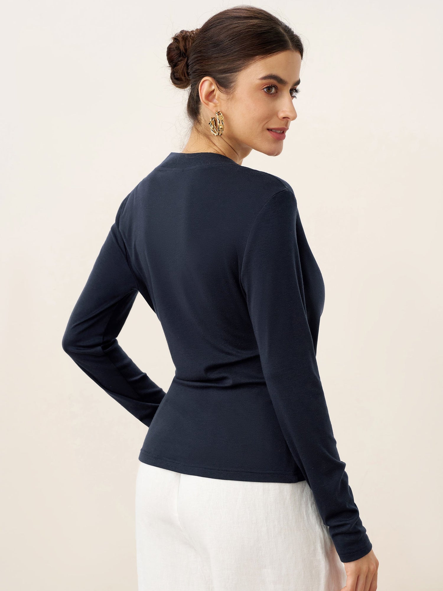 Wool Lyocell Asymmetric Ruched Overlap V-Neck Top TILLY by LINTICO