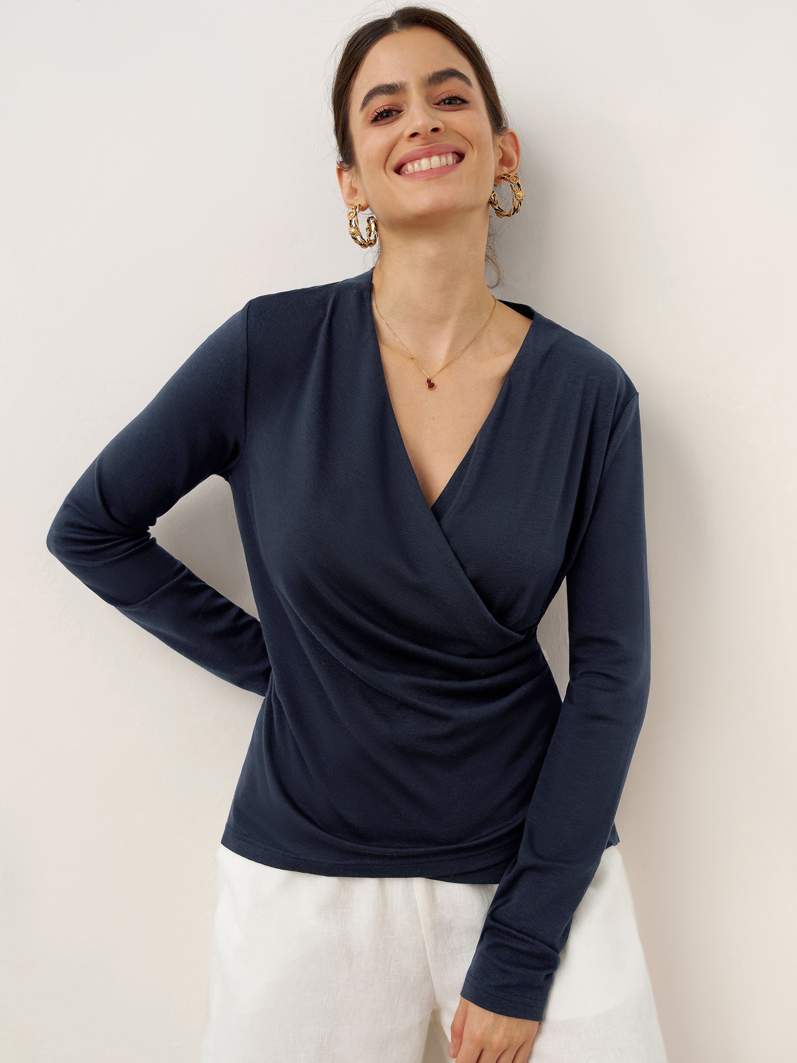 Wool Lyocell Asymmetric Ruched Overlap V-Neck Top TILLY by LINTICO
