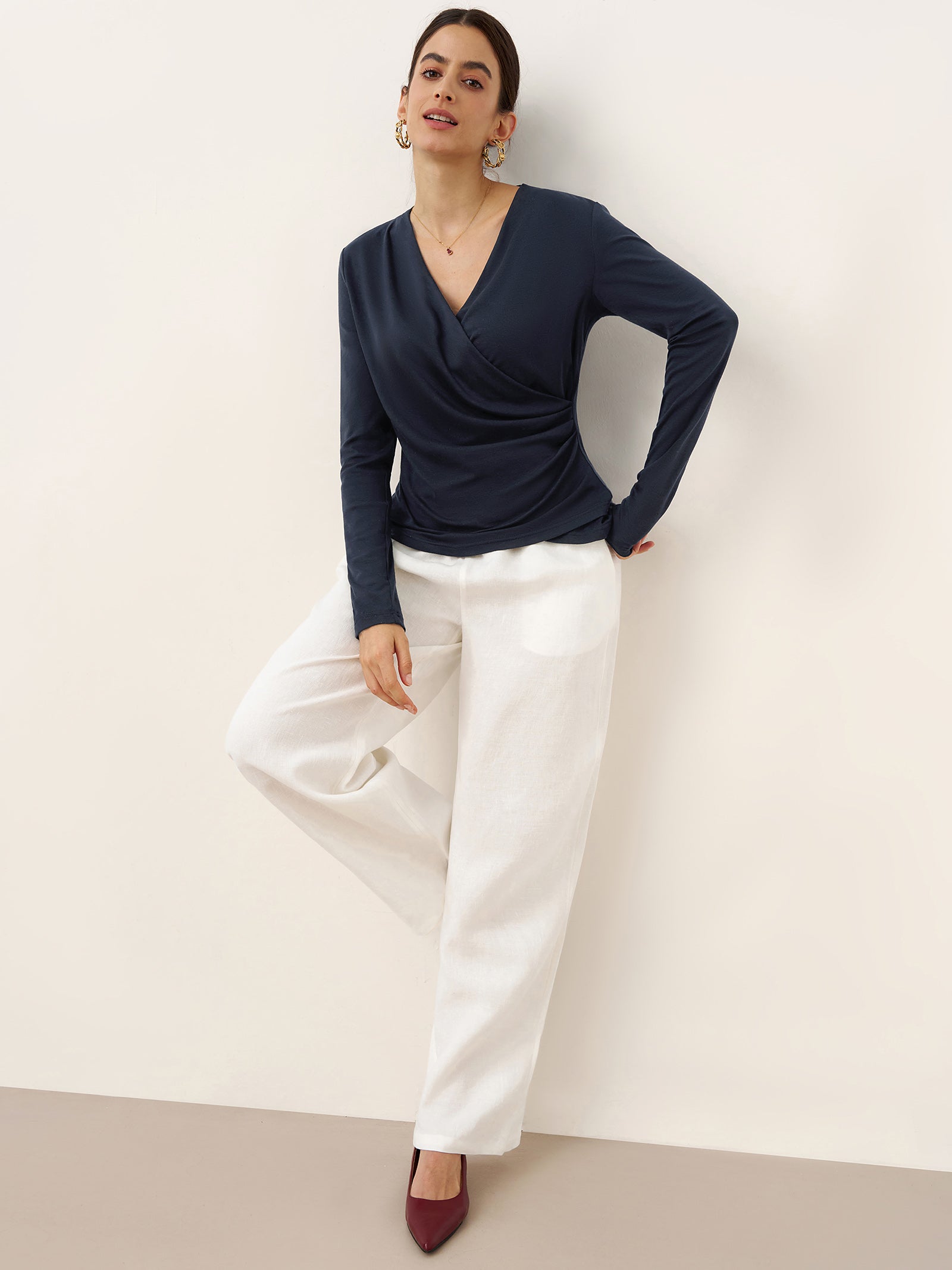 Wool Lyocell Asymmetric Ruched Overlap V-Neck Top TILLY by LINTICO