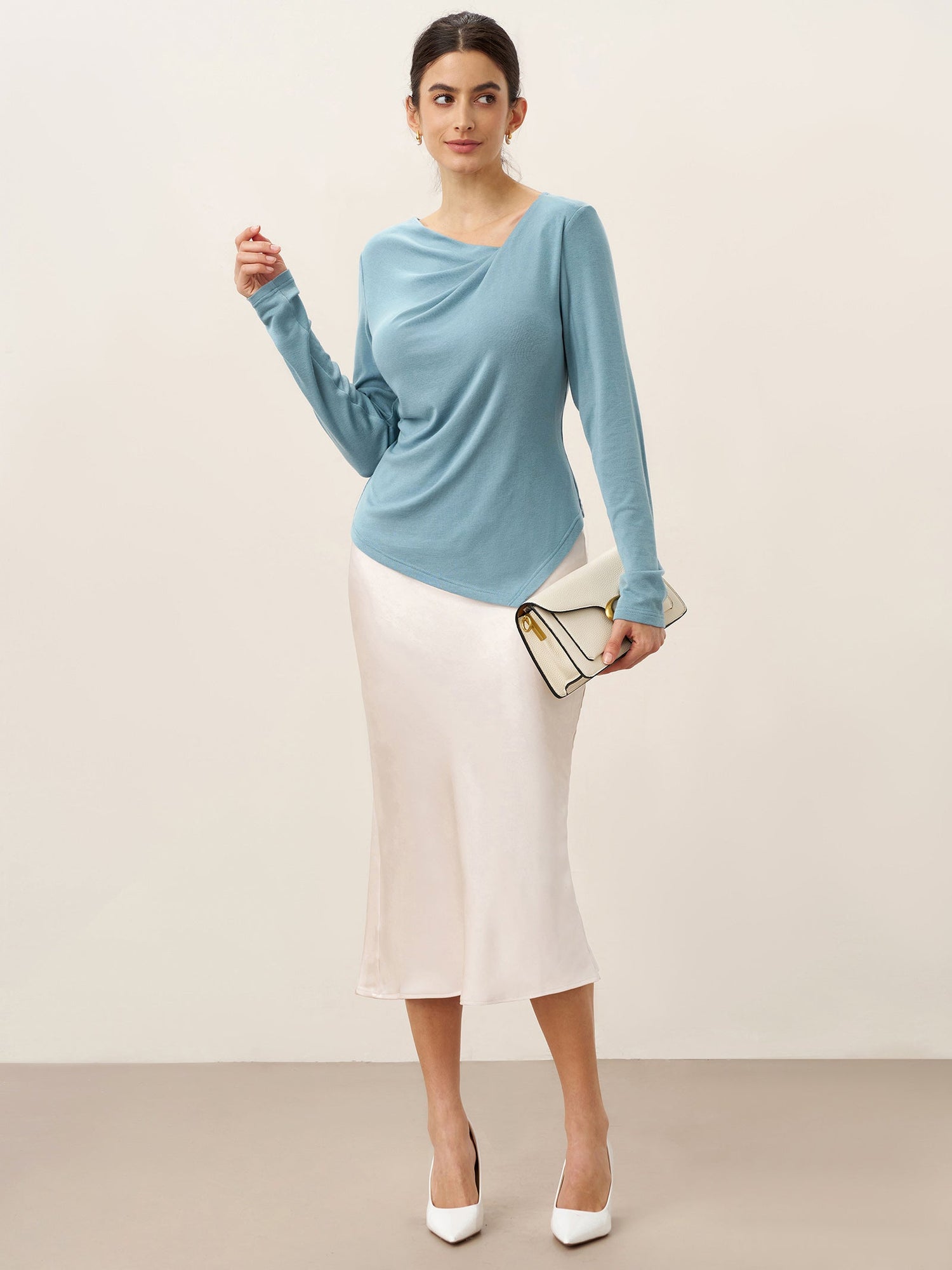 Wool Lyocell Twisted V-Neck Ruched Top NATALIE by LINTICO