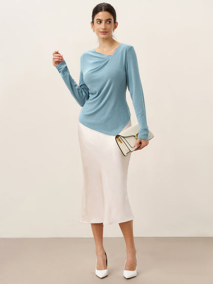 Wool Lyocell Twisted V-Neck Ruched Top NATALIE by LINTICO