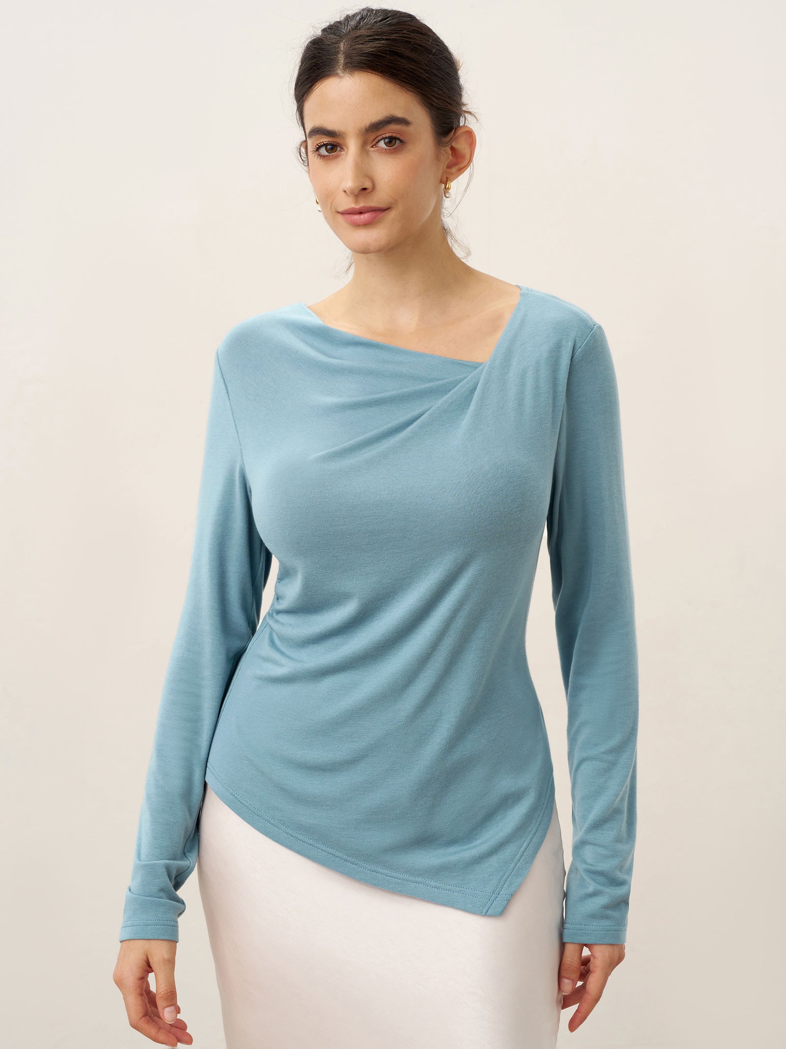 Wool Lyocell Twisted V-Neck Ruched Top NATALIE by LINTICO