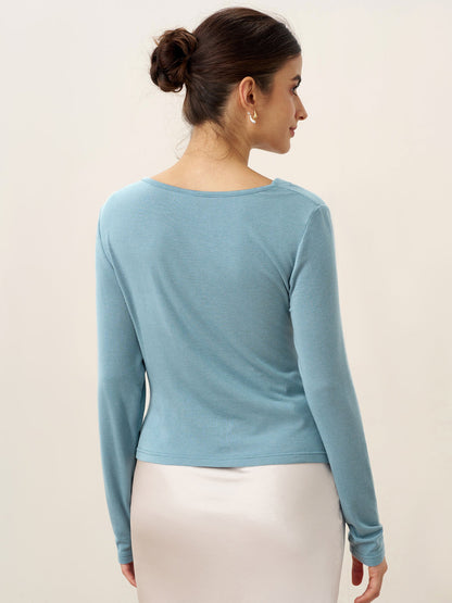 Wool Lyocell Twisted V-Neck Ruched Top NATALIE by LINTICO