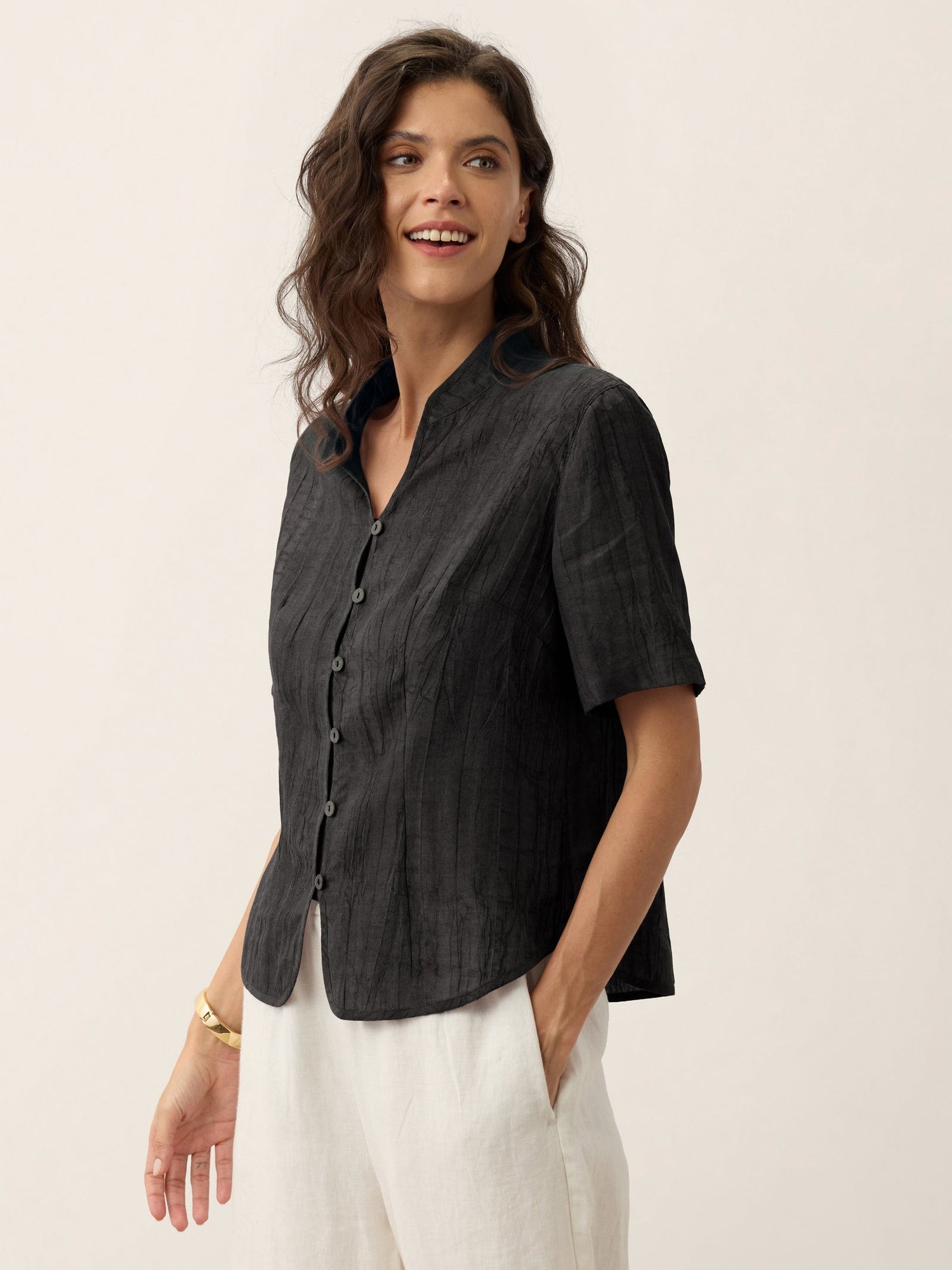 Lyocell Textured Stand Collar Shirt Jacket PHILIPPA  DestGlow