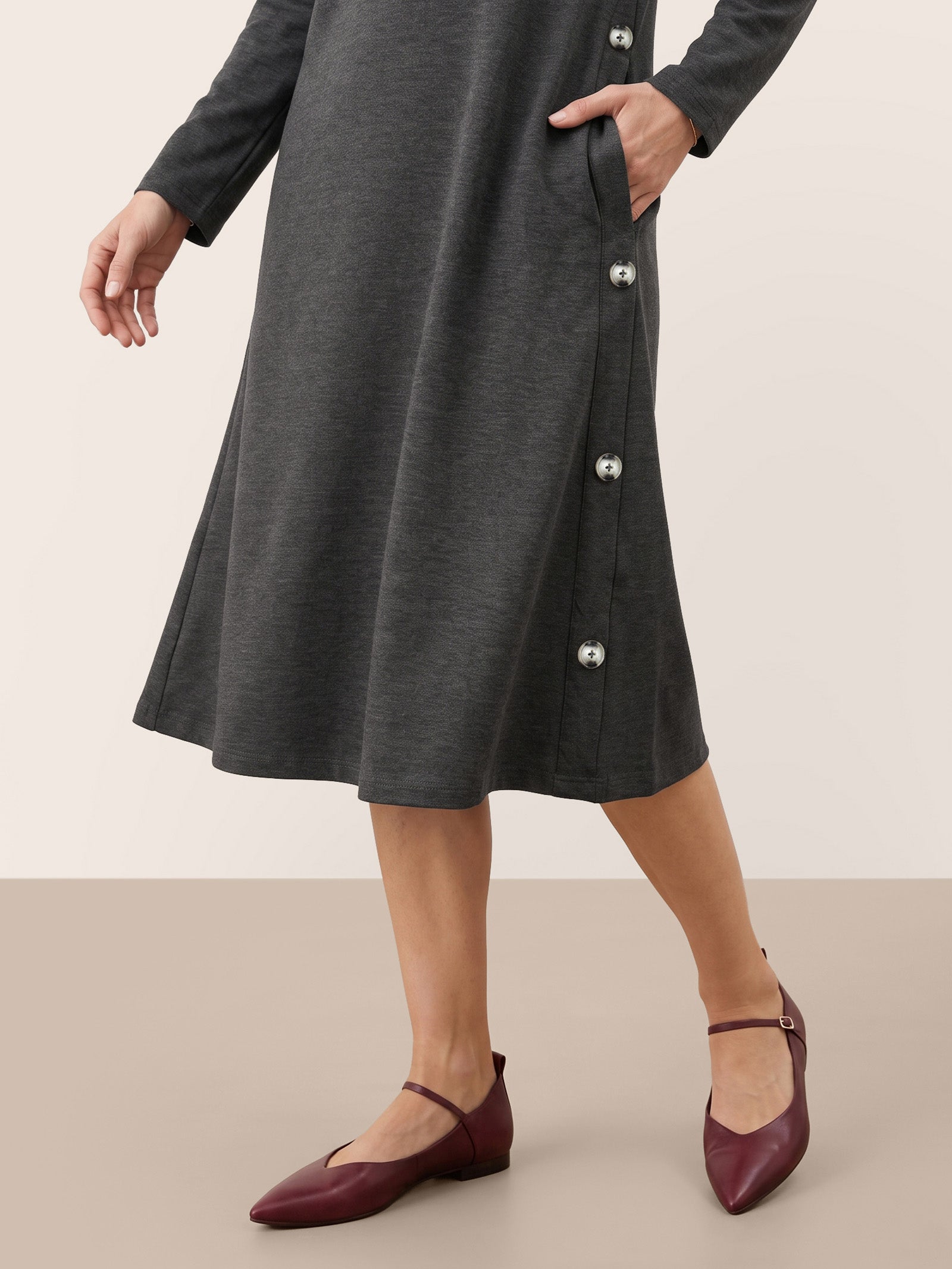 Lyocell Wool Side Button A-Line Knit Midi Dress MIRENA  DestGlow