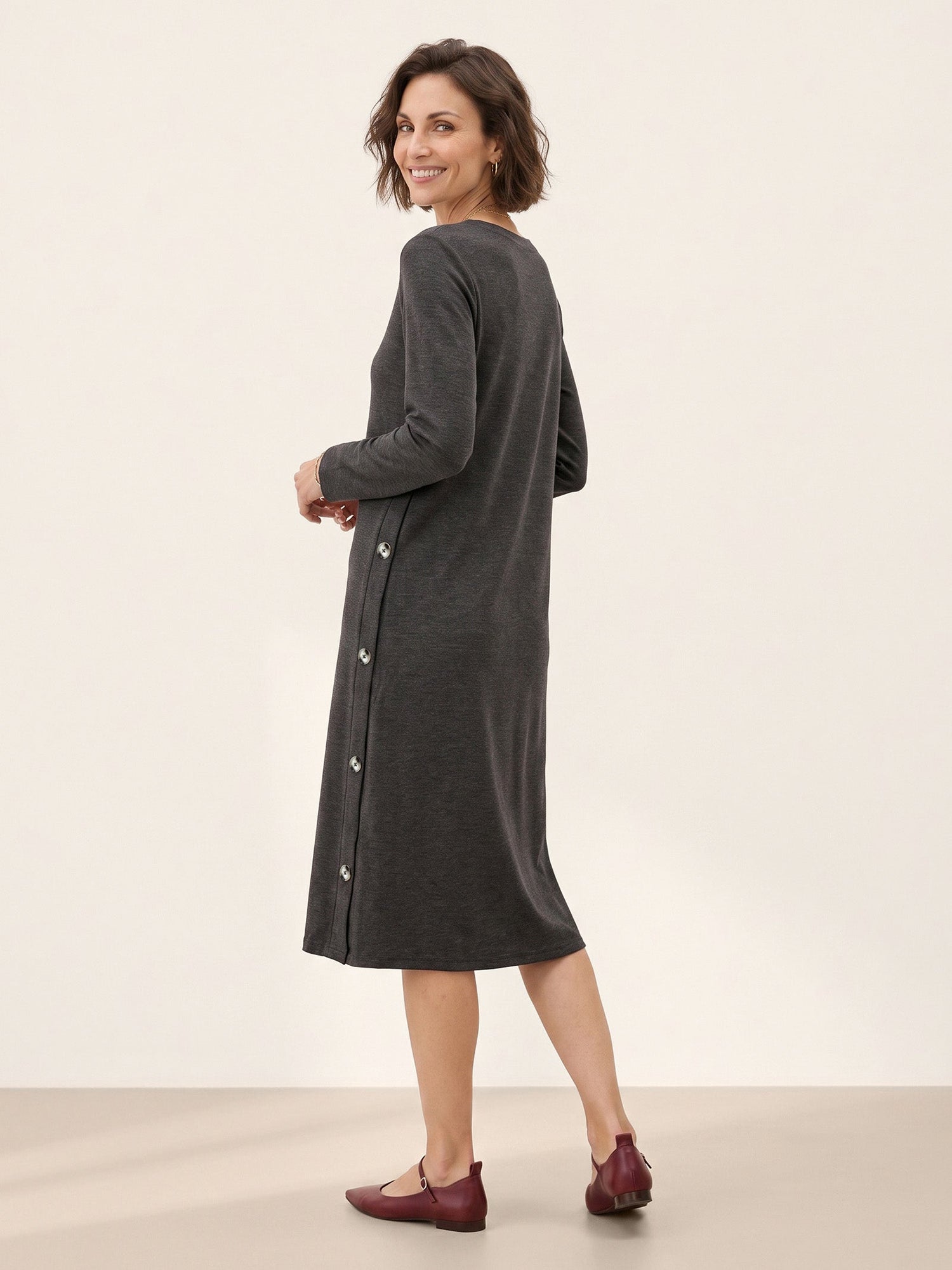 Lyocell Wool Side Button A-Line Knit Midi Dress MIRENA  DestGlow