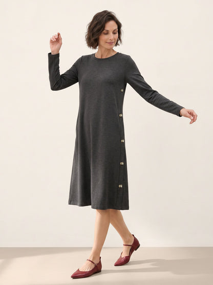 Lyocell Wool Side Button A-Line Knit Midi Dress MIRENA  DestGlow