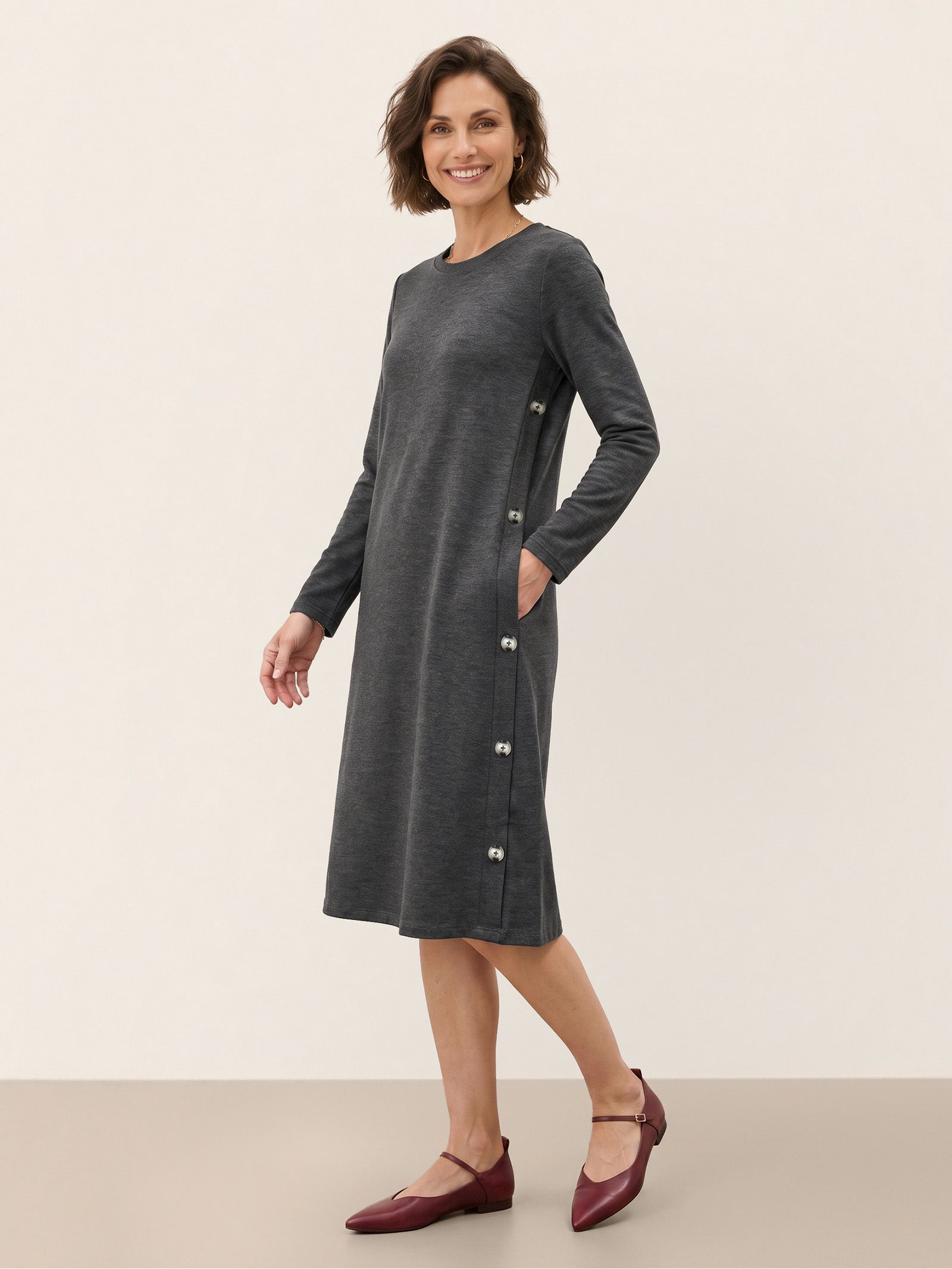 Lyocell Wool Side Button A-Line Knit Midi Dress MIRENA  DestGlow