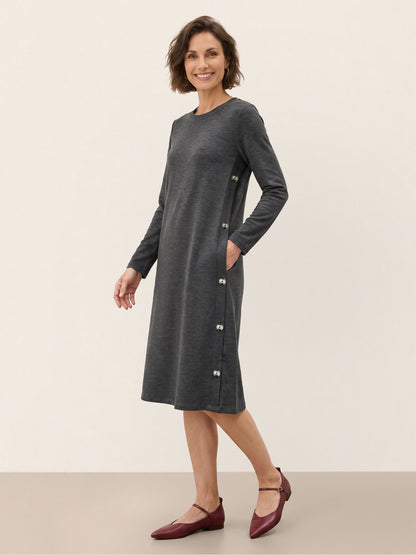 Lyocell Wool Side Button A-Line Knit Midi Dress MIRENA  DestGlow